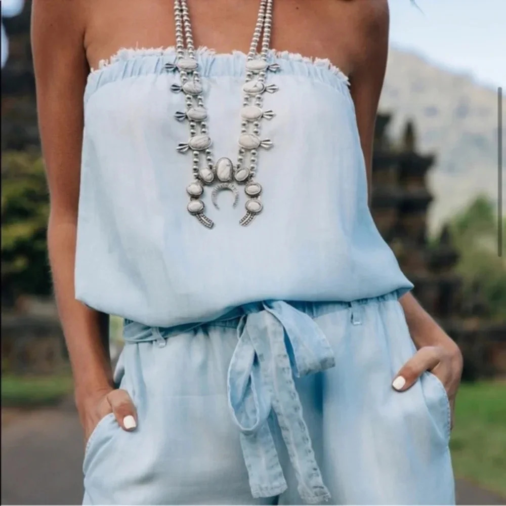 Bella Dahl Strapless Chambray Frayed Jumpsuit NEW